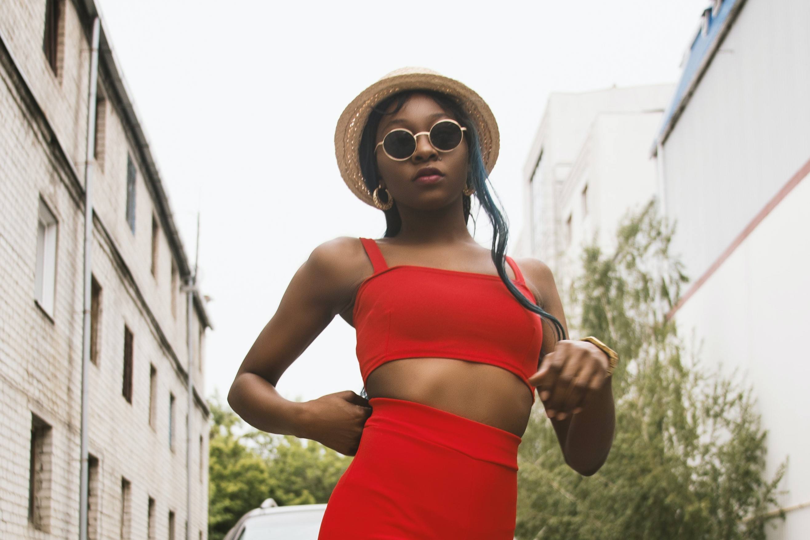 beautiful woman wearing red matching set out on the town